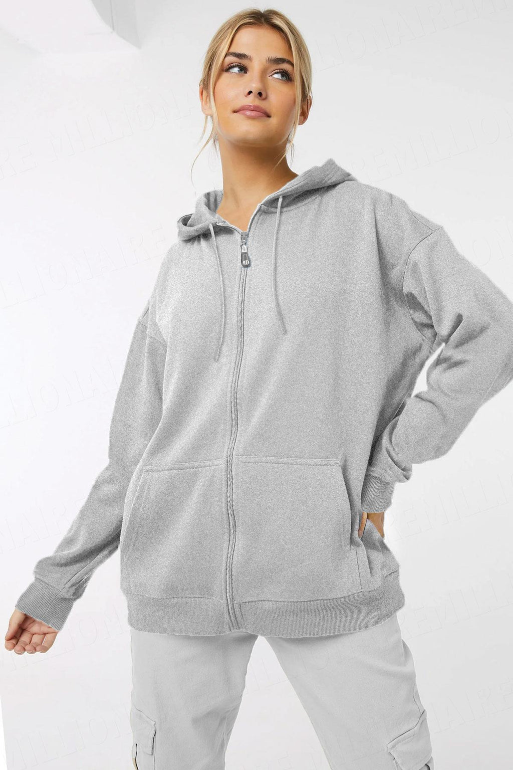 Kadin Gri Melanj Kapüşonlu Fermuarlı 3 Üç İplik Polar Kanguru Oversize Sweatshirt Zip Up Hoodie