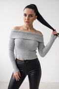 Kadın Gri Melanj Madonna Yarı Crop Fitilli Bluz Kazak