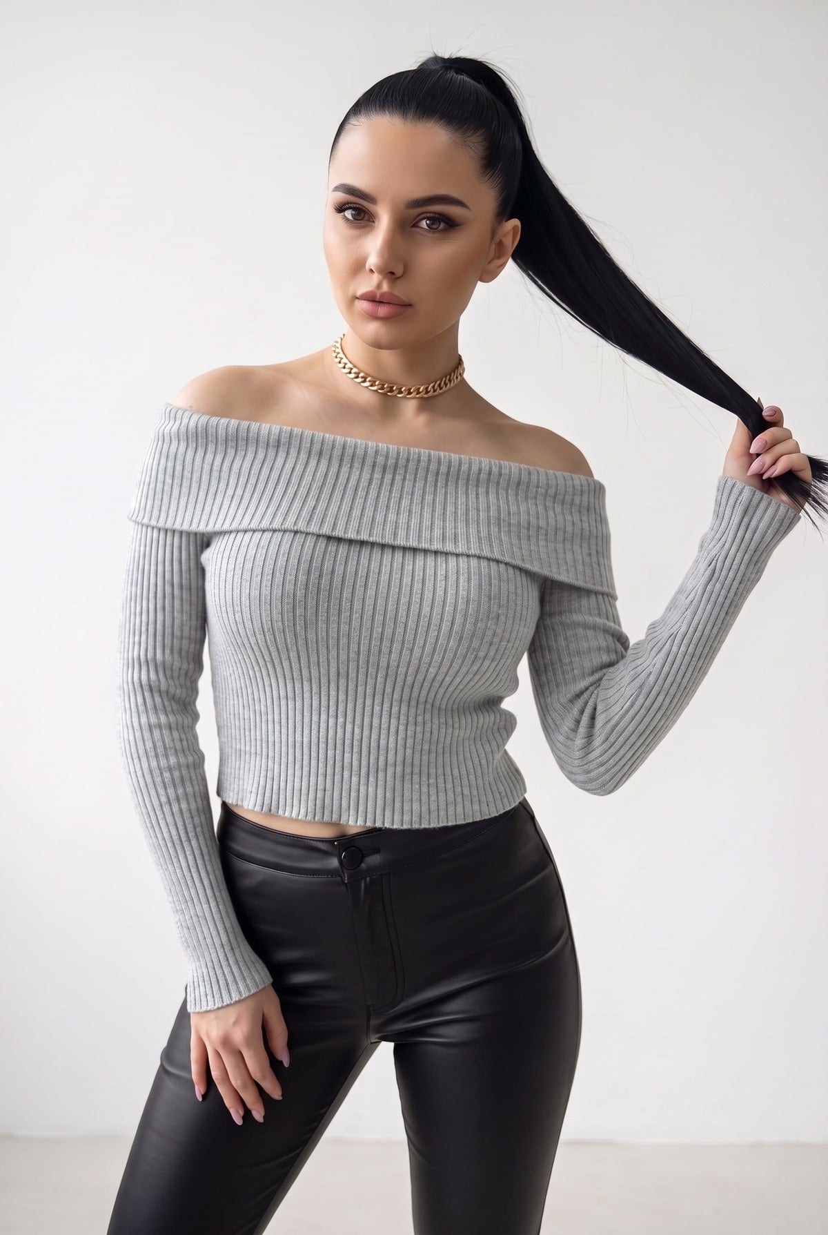 Kadın Gri Melanj Madonna Yarı Crop Fitilli Bluz Kazak