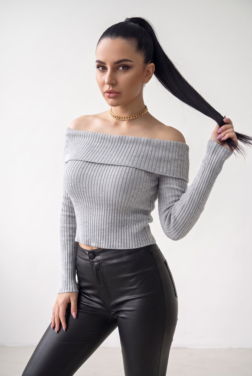 Kadın Gri Melanj Madonna Yarı Crop Fitilli Bluz Kazak
