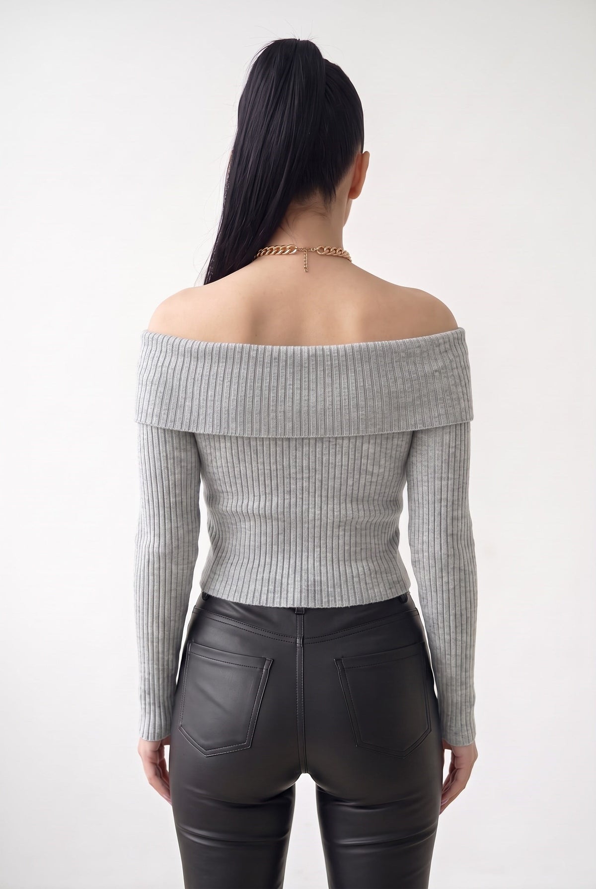 Kadın Gri Melanj Madonna Yarı Crop Fitilli Bluz Kazak