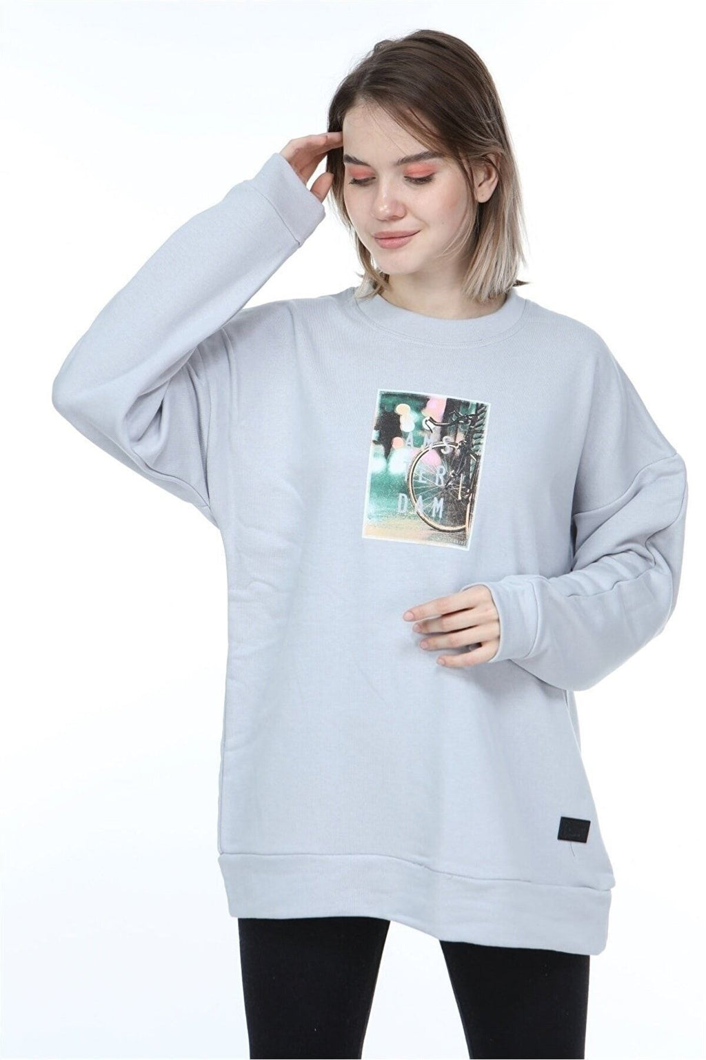 Kadın Gri Oversize Amsterdam Baskılı Sweatshirt - K20028