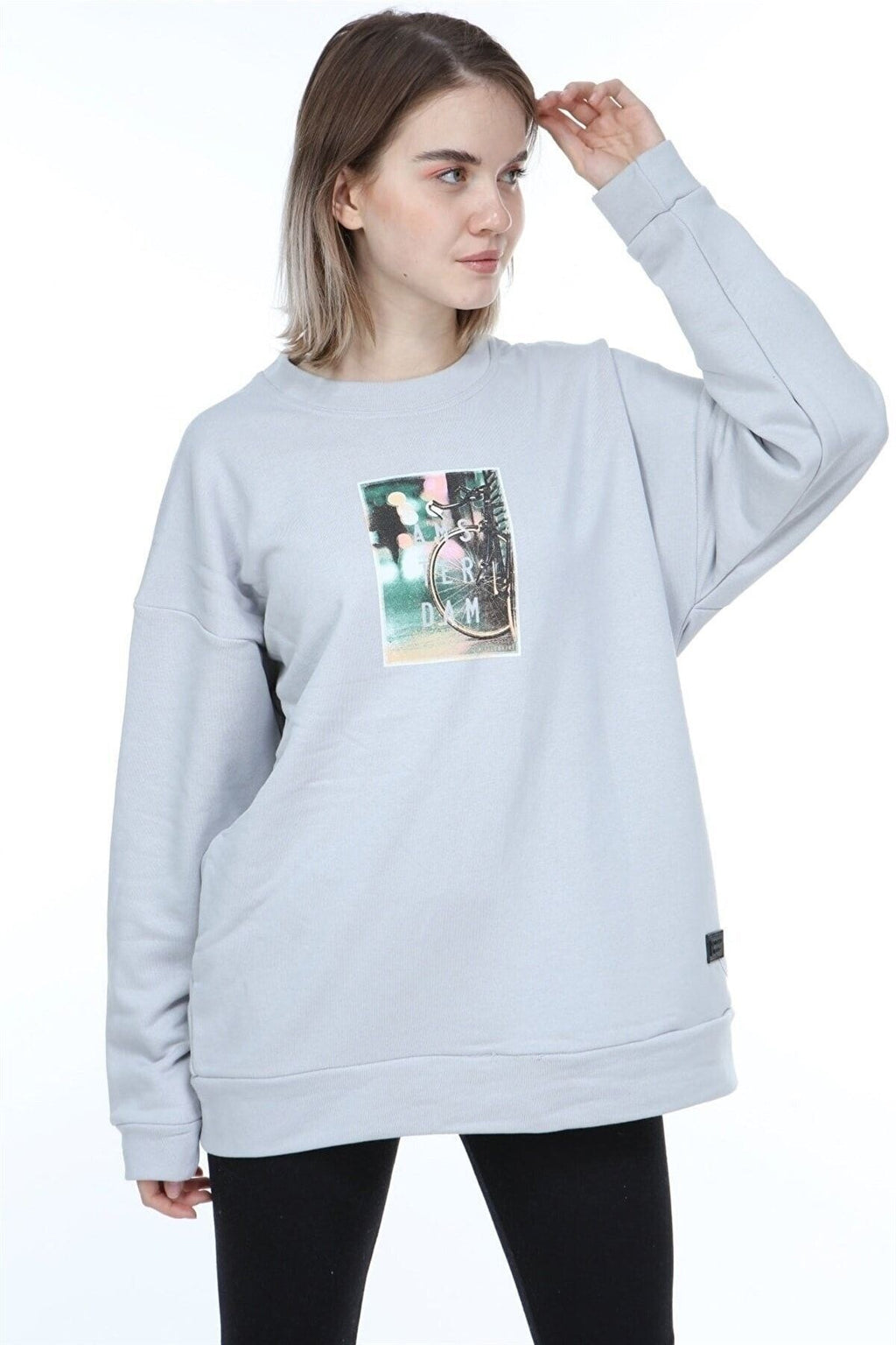 Kadın Gri Oversize Amsterdam Baskılı Sweatshirt - K20028