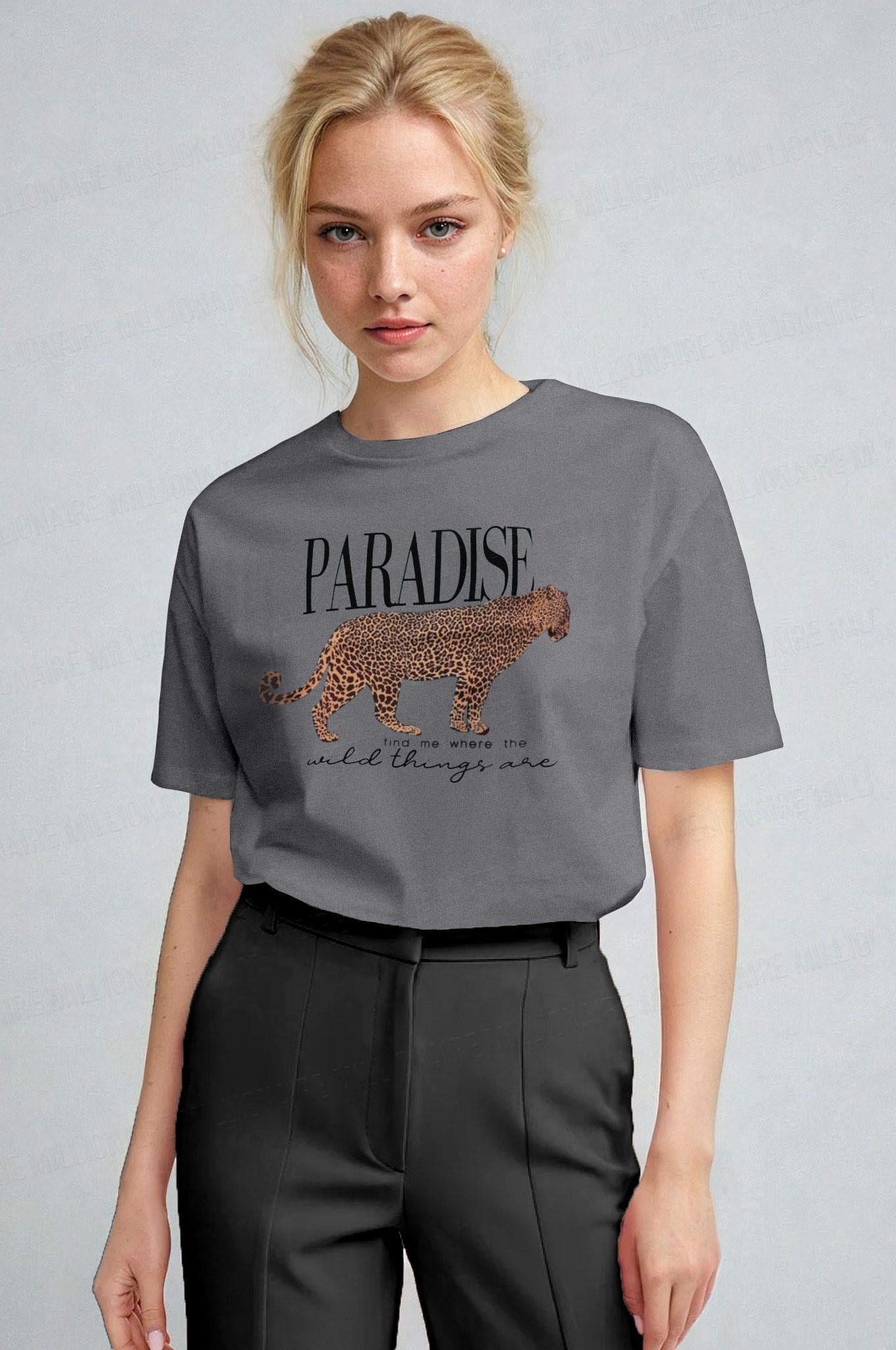 Kadın Gri Paradise Leopar Kadın Kısa Kol Relax Fit Rahat Kesim Regular T-shirt