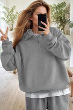 Kadın Gri Yarım Fermuar Polo Yaka 3 İplik İçi Polarlı Şardonlu Oversize Sweatshirt
