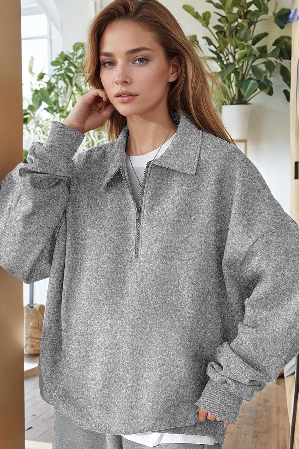 Kadın Gri Yarım Fermuar Polo Yaka 3 İplik İçi Polarlı Şardonlu Oversize Sweatshirt