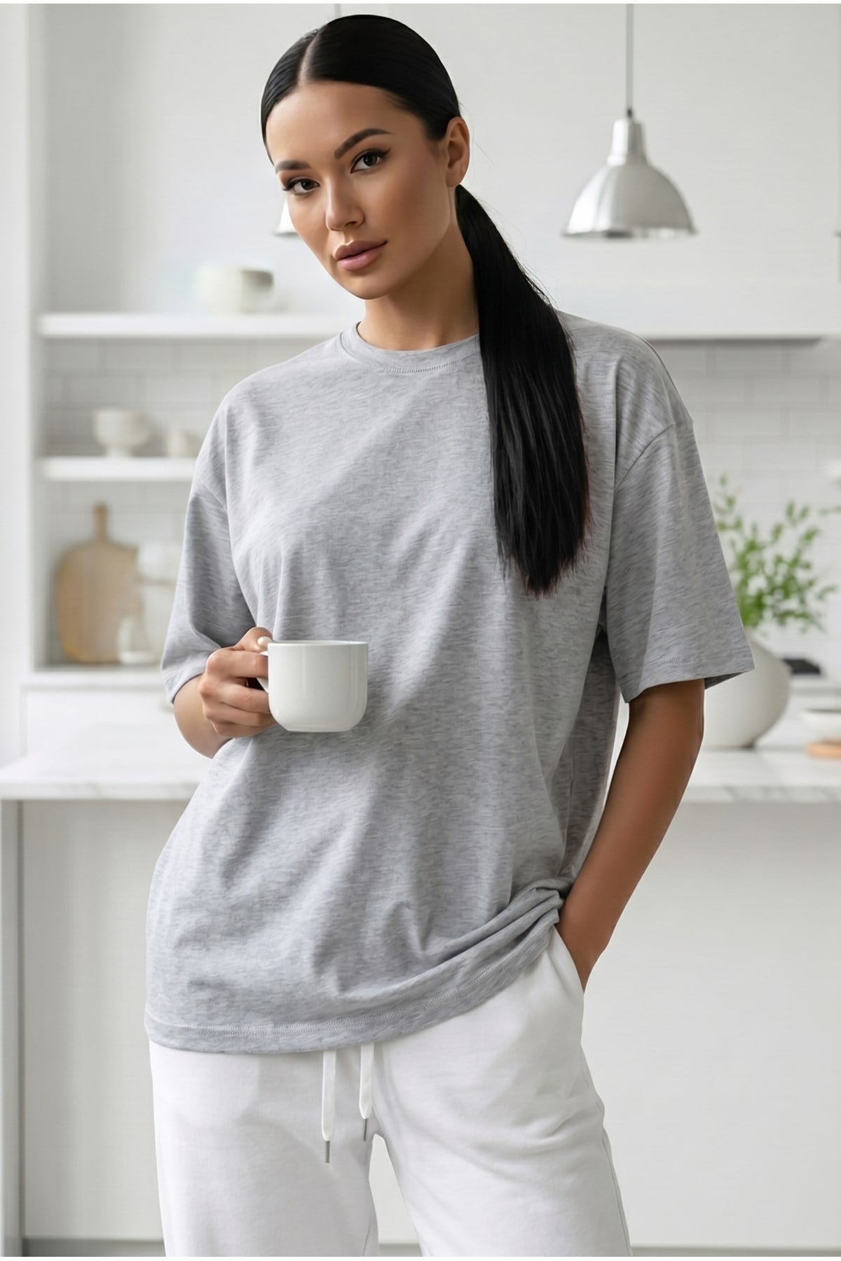 Kadın Grimelanj Basic Düz Baskısız Oversize Salas T-shirt