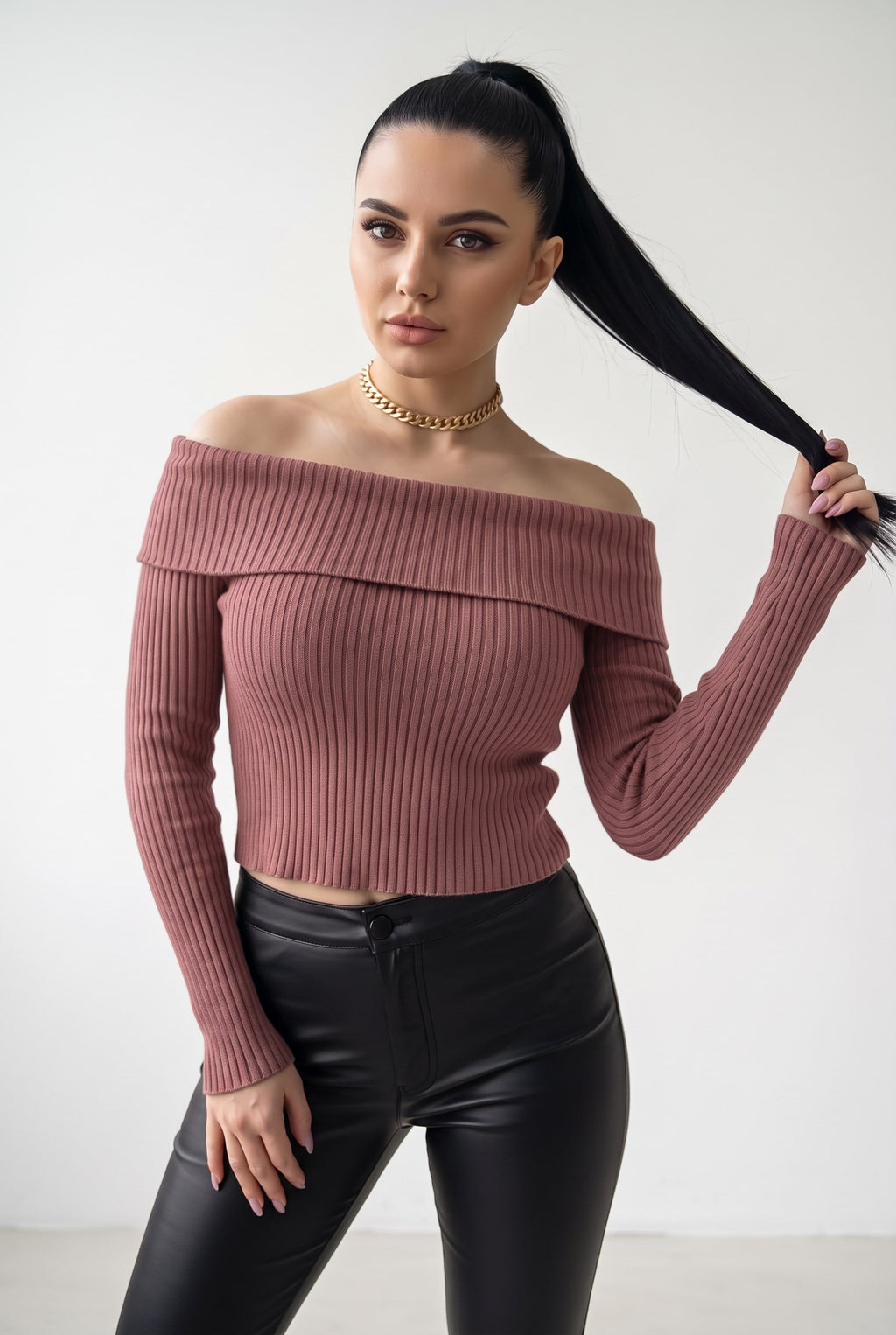 Kadın Gül Kurusu Madonna Yarı Crop Fitilli Bluz Kazak