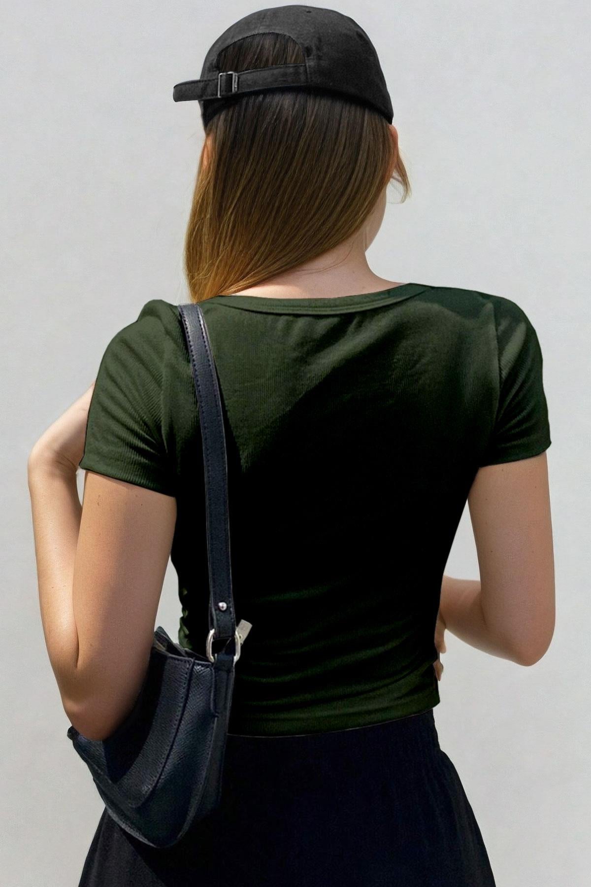 Kadın Haki Yeşili U Yaka Kısa Kollu Fitilli Kaşkorse Body T-Shirt