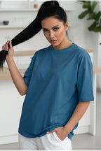 Kadın İndigo Basic Düz Baskısız Oversize Salas T-shirt
