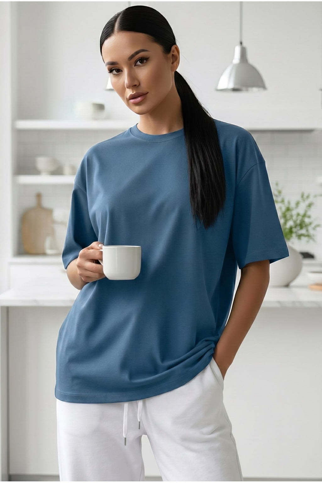 Kadın İndigo Basic Düz Baskısız Oversize Salas T-shirt