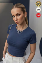 Kadın İndigo Renkli Bisiklet Yaka Likralı Kısa Kol Body Crop Bluz
