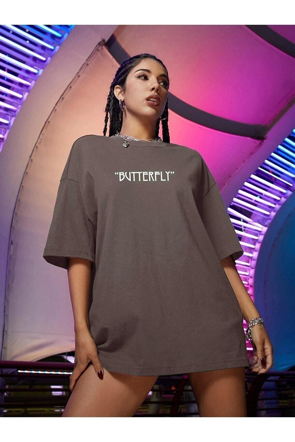 Kadın Kahverengi Butterfly Oversize T-shirt