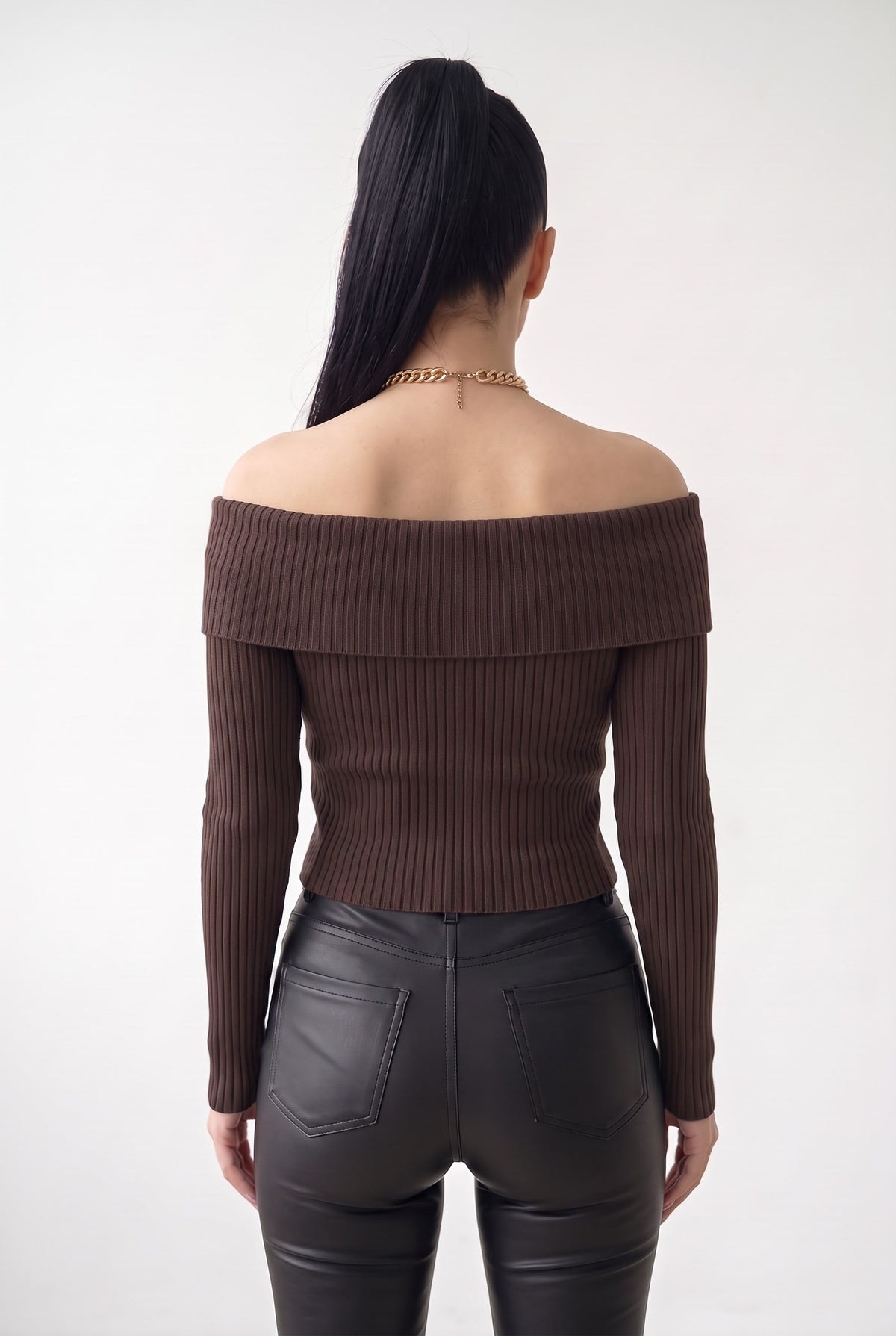 Kadın Kahverengi Madonna Yarı Crop Fitilli Bluz Kazak