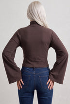 Kadın Bej Yarım Balıkçı Yaka Boğazlı Belden Oturtmalı Kadın İspanyol Uzun Kol Bluz