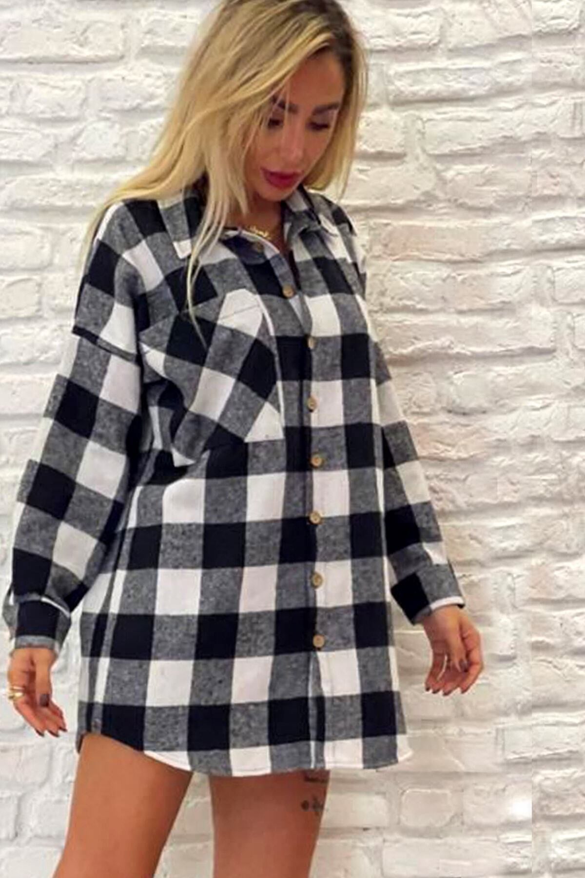 Kadın Kalın Kaşe Siyah Ekose Oversize Oduncu Gömlek