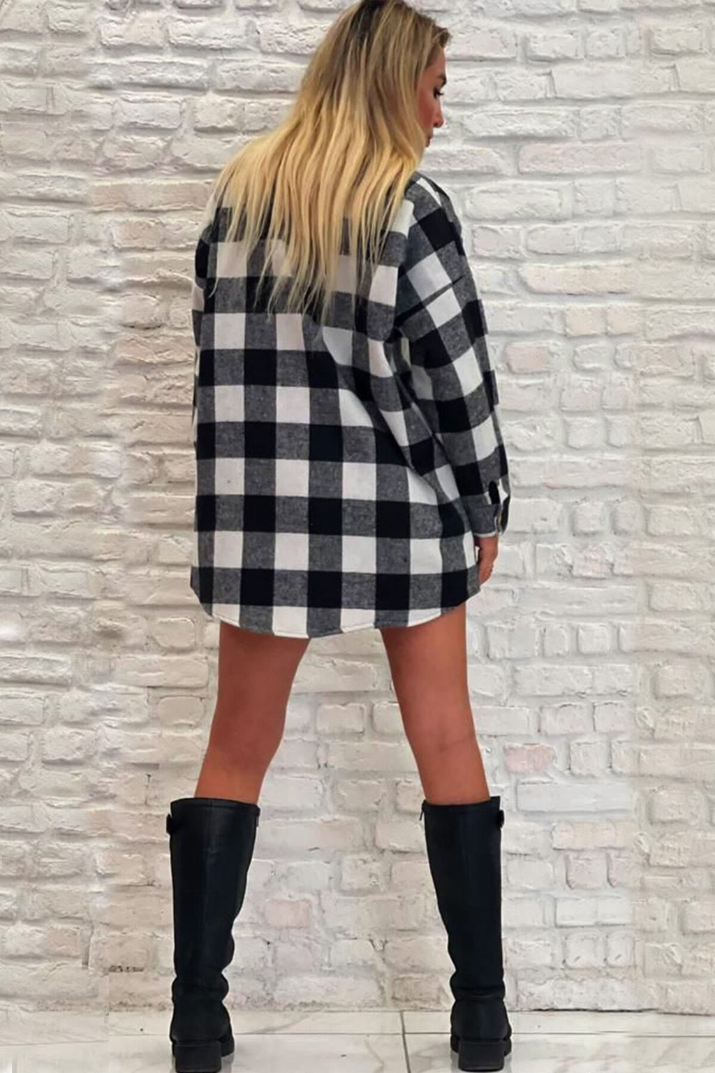 Kadın Kalın Kaşe Siyah Ekose Oversize Oduncu Gömlek