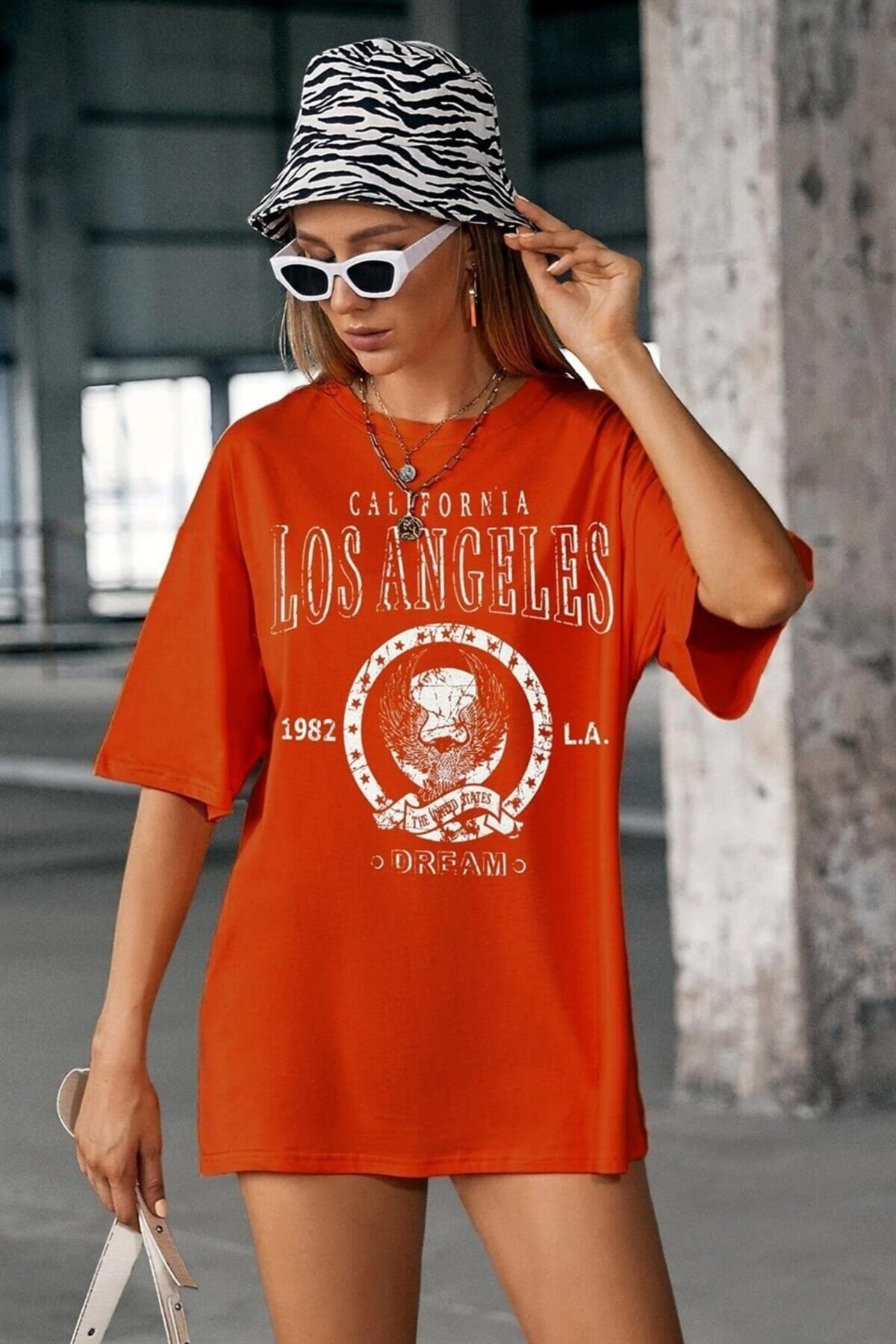 Kadın Kiremit Melange Oversize Los Angeles Baskılı T-shirt - K2109
