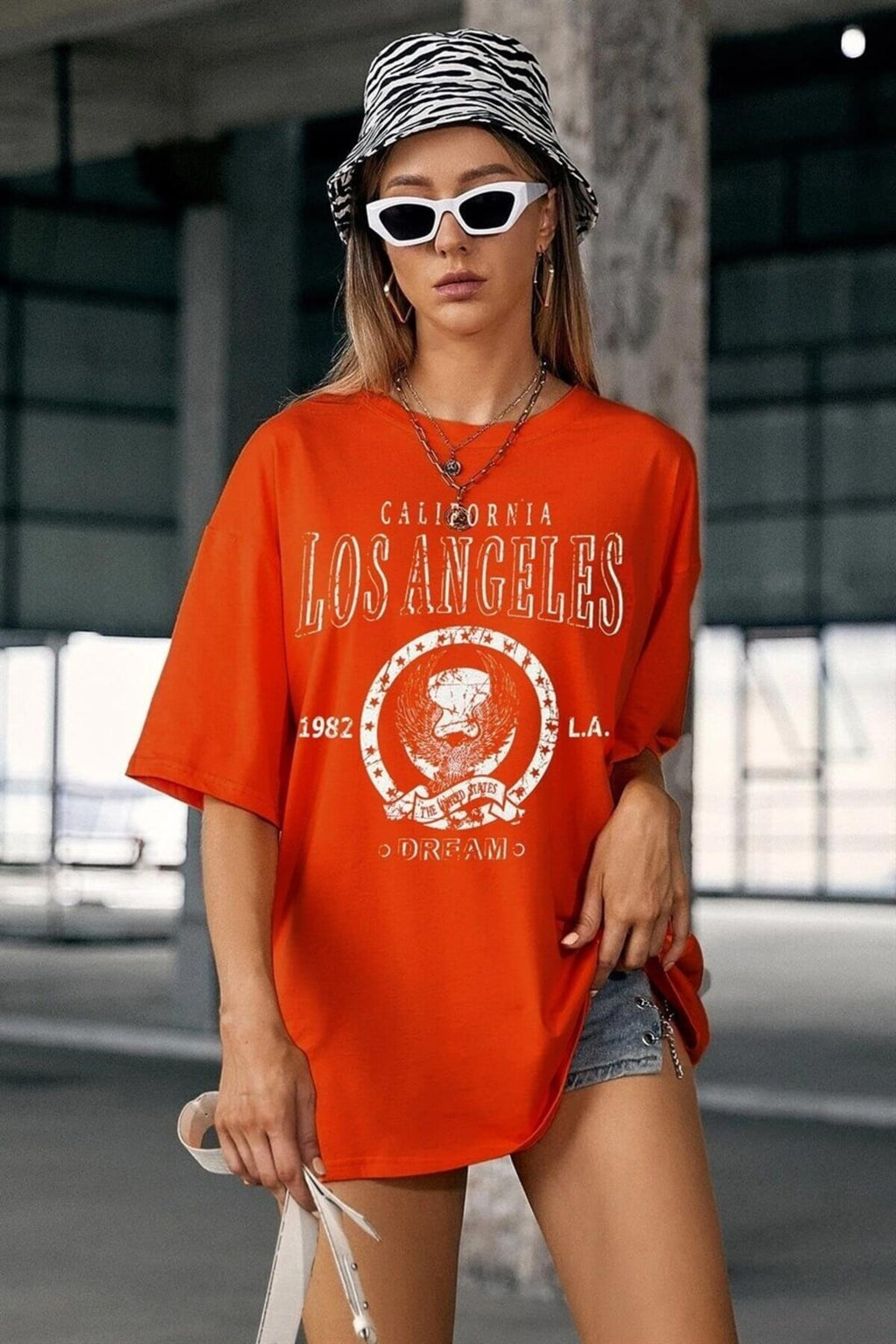 Kadın Kiremit Melange Oversize Los Angeles Baskılı T-shirt - K2109