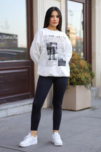 Kadın Kırık Beyaz Krem Ekru 1997 Baskılı 0 Sıfır Yaka Oversize Salaş Bol Kesim Polar Sweatshirt