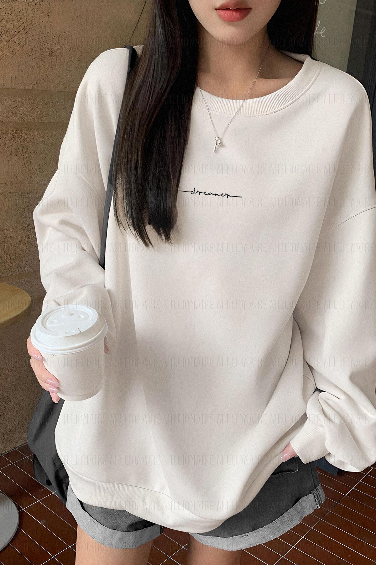 Kadın Kırık Beyaz Krem Ekru Dreamer Baskılı 0 Sıfır Yaka Oversize Salaş Bol Kesim Polar Sweatshirt