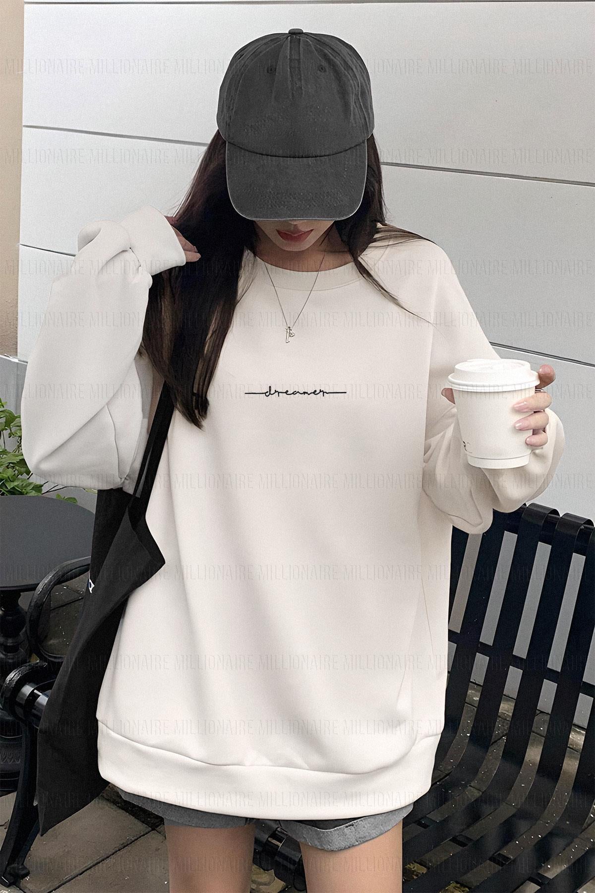 Kadın Kırık Beyaz Krem Ekru Dreamer Baskılı 0 Sıfır Yaka Oversize Salaş Bol Kesim Polar Sweatshirt