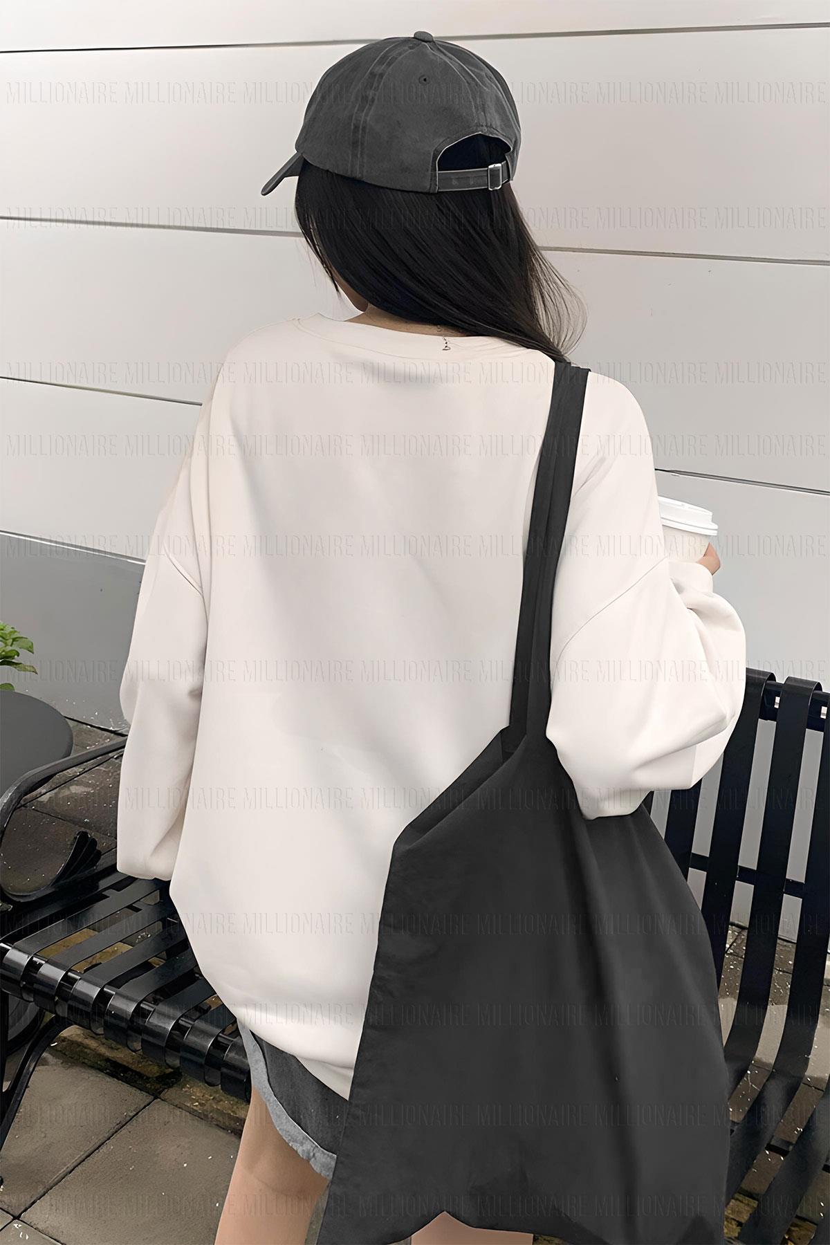 Kadın Kırık Beyaz Krem Ekru Dreamer Baskılı 0 Sıfır Yaka Oversize Salaş Bol Kesim Polar Sweatshirt