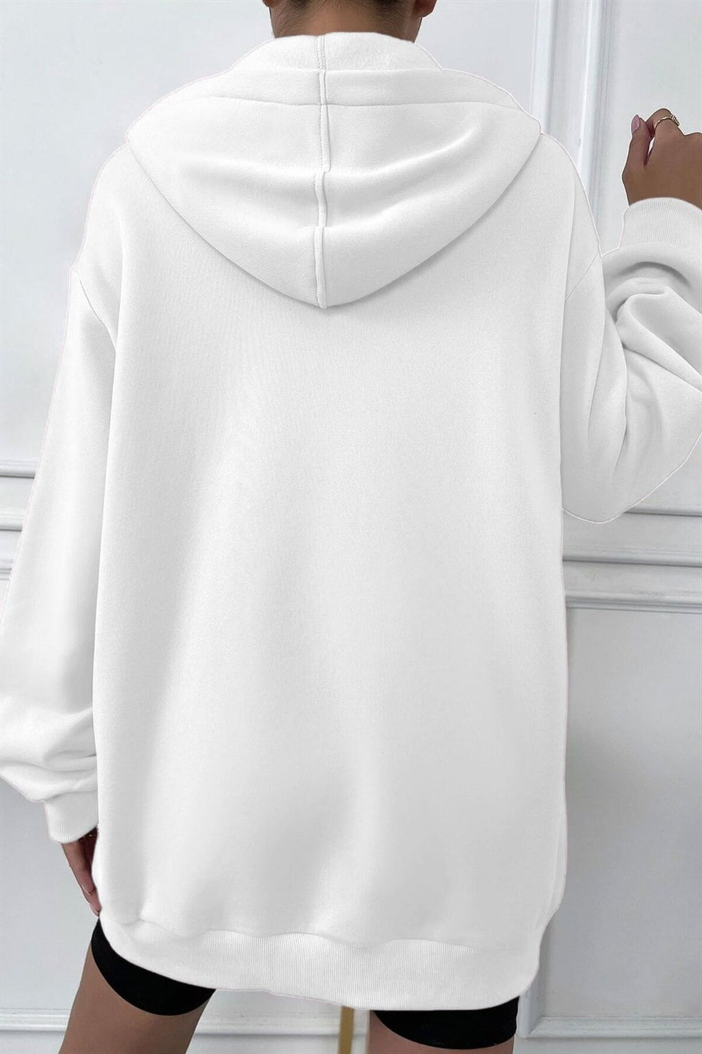 Kadin Kırık Beyaz Krem Ekru Kapüşonlu Fermuarlı 3 Üç Iplik Polar Kanguru Oversize Salaş Sweatshirt Z