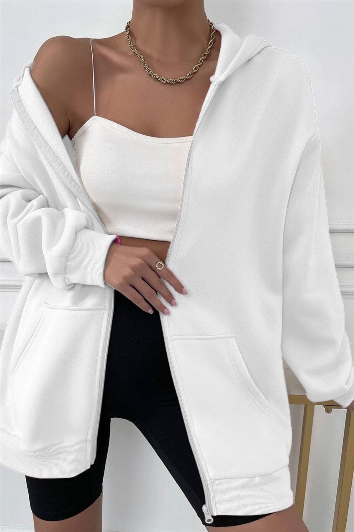 Kadin Kırık Beyaz Krem Ekru Kapüşonlu Fermuarlı 3 Üç Iplik Polar Kanguru Oversize Salaş Sweatshirt Z