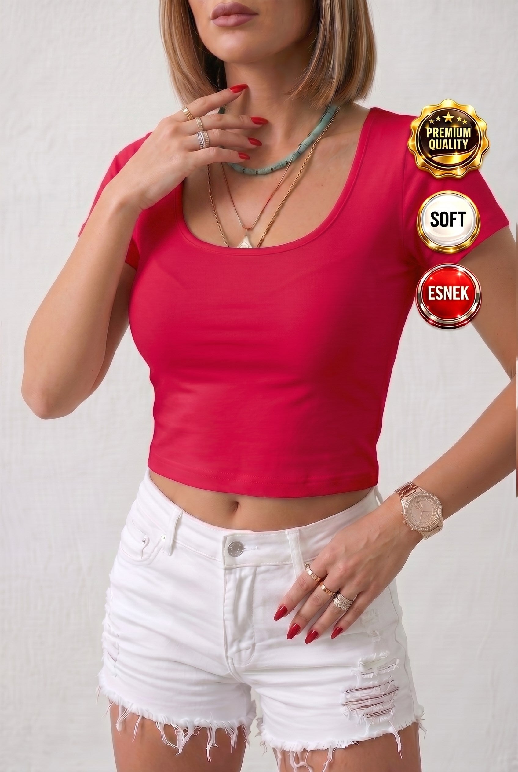 Kadın Kırmızı Renkli U Yaka Likralı Düz Basic Kısa Kollu Crop Bluz