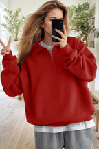 Kadın Kırmızı Yarım Fermuar Polo Yaka 3 İplik İçi Polarlı Şardonlu Oversize Sweatshirt