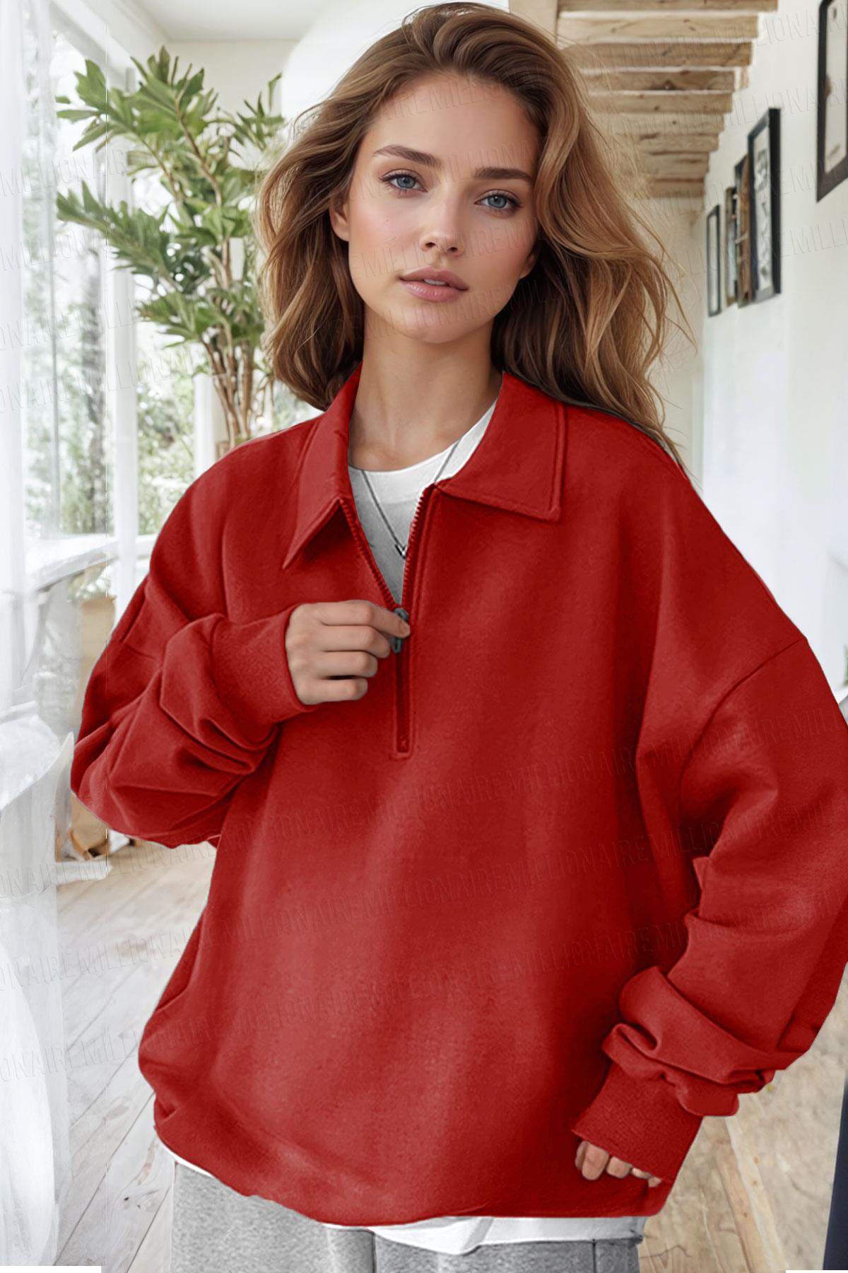 Kadın Kırmızı Yarım Fermuar Polo Yaka 3 İplik İçi Polarlı Şardonlu Oversize Sweatshirt