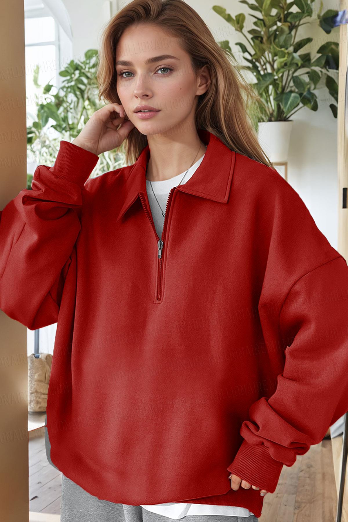 Kadın Kırmızı Yarım Fermuar Polo Yaka 3 İplik İçi Polarlı Şardonlu Oversize Sweatshirt