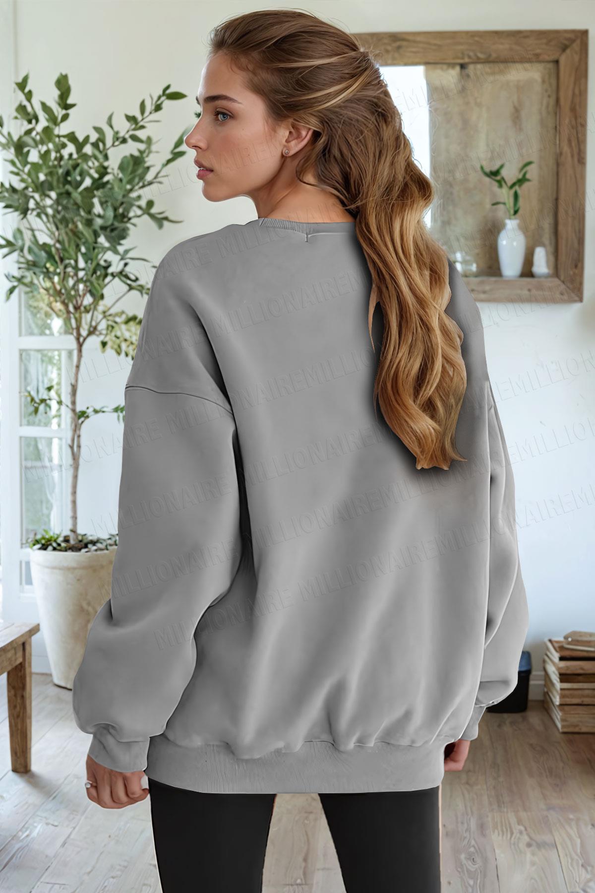 Kadın Koyu Gri Free Life Baskılı 0 Sıfır Yaka Oversize Salaş Bol Kesim Polar Sweatshirt