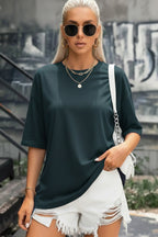 Kadın Koyu Petrol Yeşili Basic Düz Baskısız Oversize Salas T-shirt
