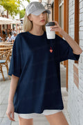 Kadın Lacivert Kupa As Kuru Kafa Oversize Fit Bol Geniş Kalıp Salaş Kesim T-shirt