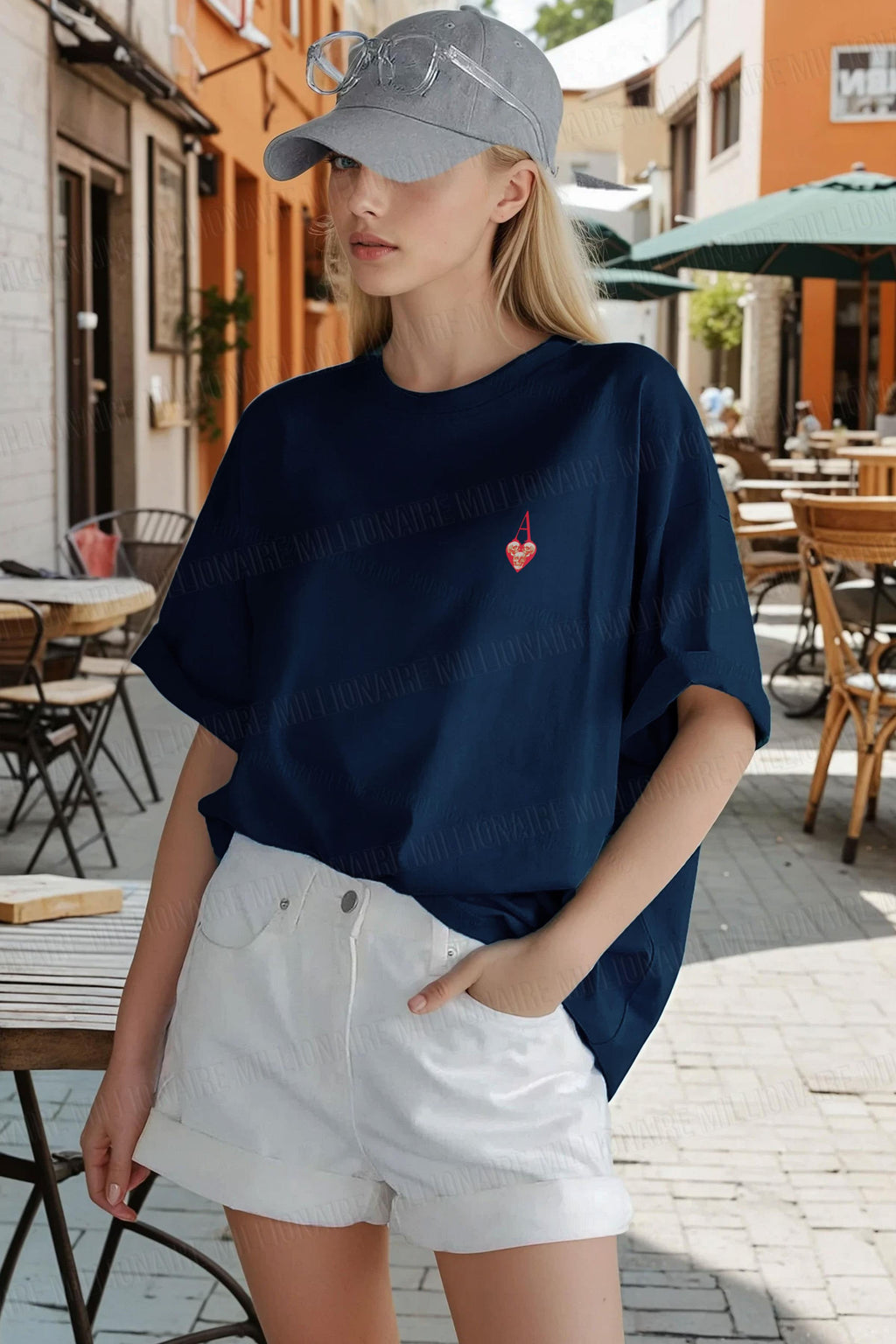 Kadın Lacivert Kupa As Kuru Kafa Oversize Fit Bol Geniş Kalıp Salaş Kesim T-shirt