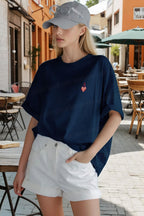 Kadın Lacivert Kupa As Kuru Kafa Oversize Fit Bol Geniş Kalıp Salaş Kesim T-shirt