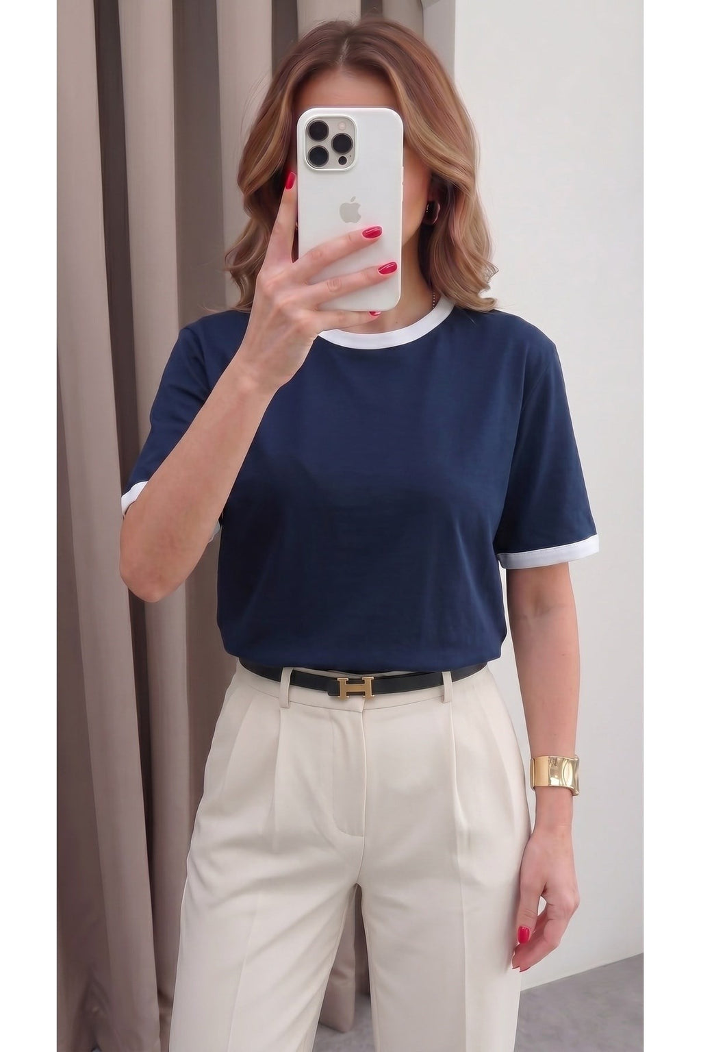 Kadın Lacivert Beyaz Biye Garnili Orta Kalın Kumaş Bisiklet Yaka Yarım Oversize Salaş T-shirt