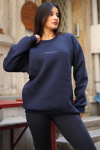 Kadın Lacivert Dreamer Baskılı 0 Sıfır Yaka Oversize Salaş Bol Kesim Polar Sweatshirt