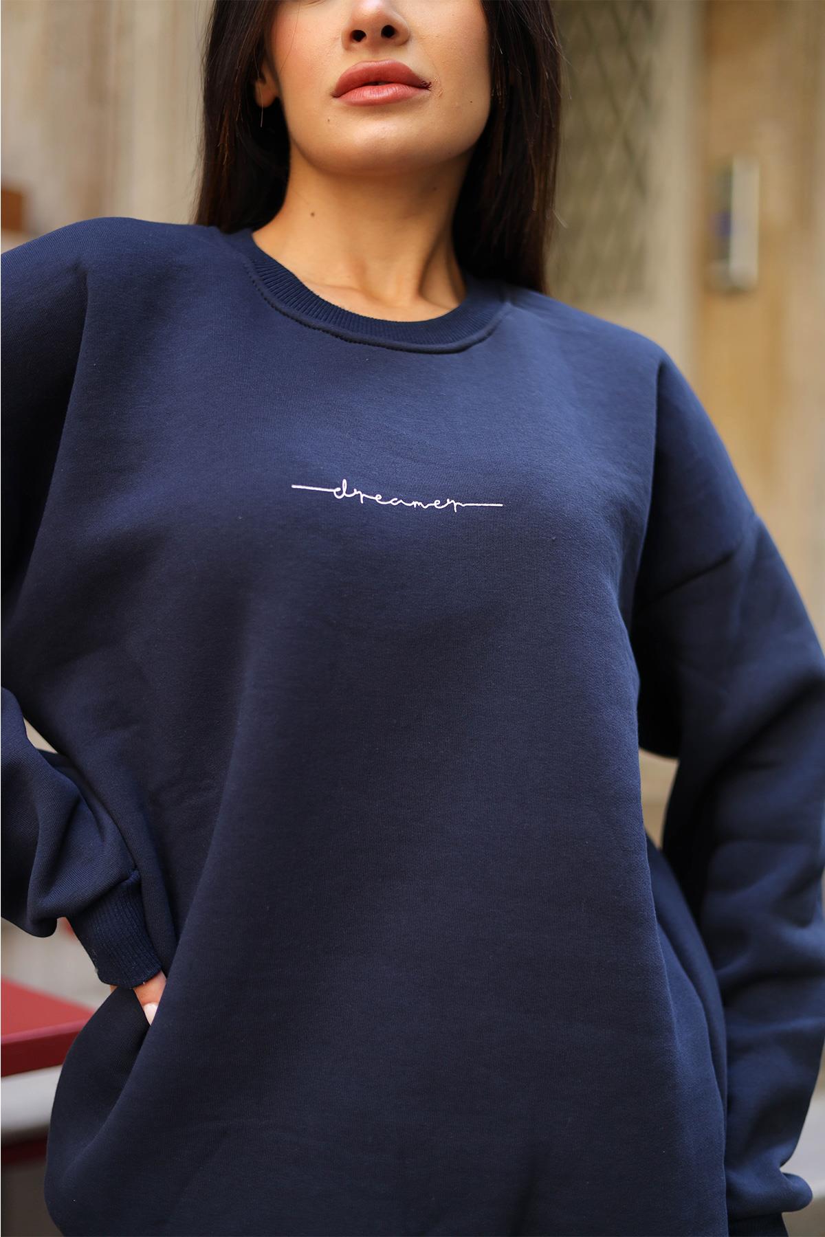Kadın Lacivert Dreamer Baskılı 0 Sıfır Yaka Oversize Salaş Bol Kesim Polar Sweatshirt