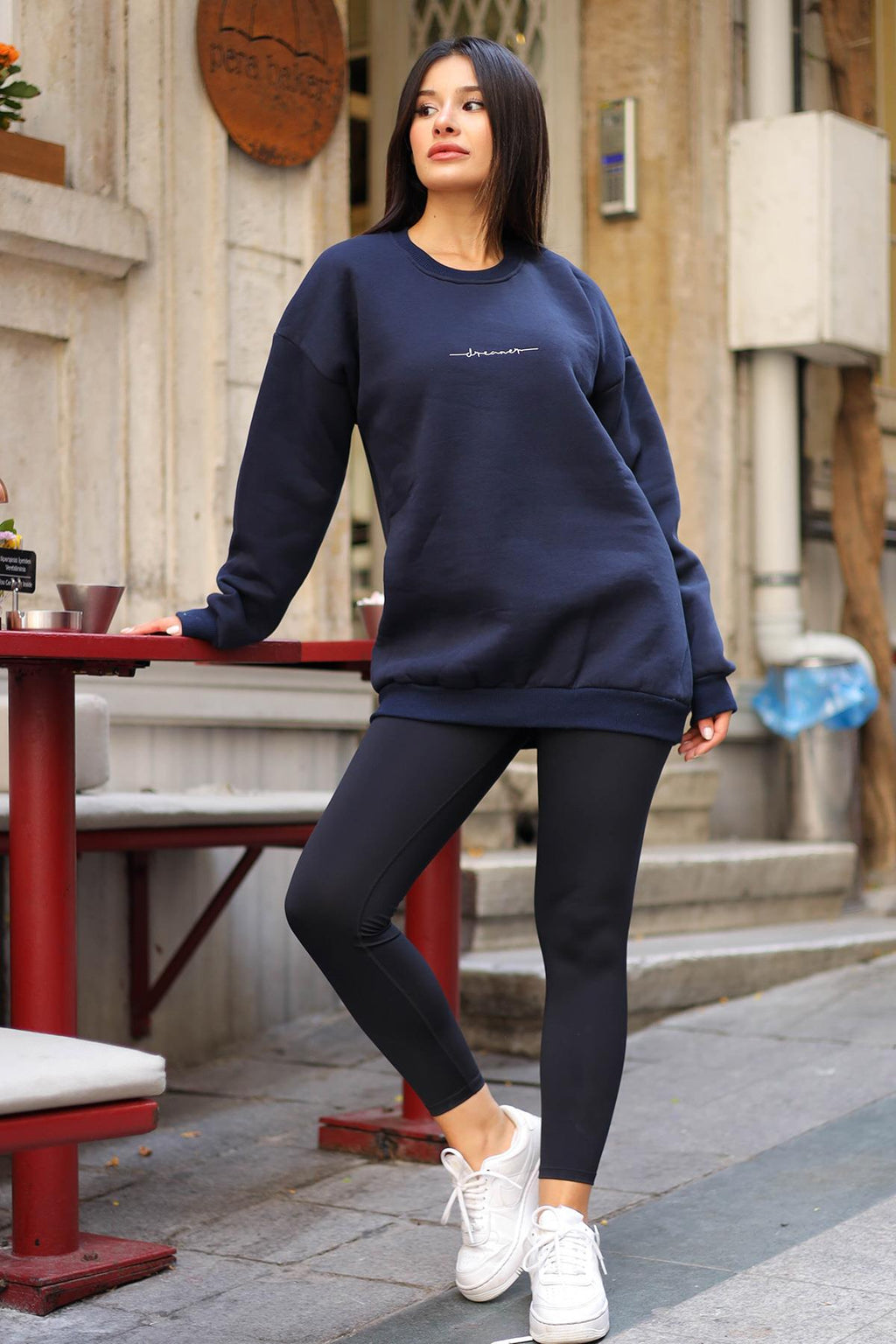 Kadın Lacivert Dreamer Baskılı 0 Sıfır Yaka Oversize Salaş Bol Kesim Polar Sweatshirt