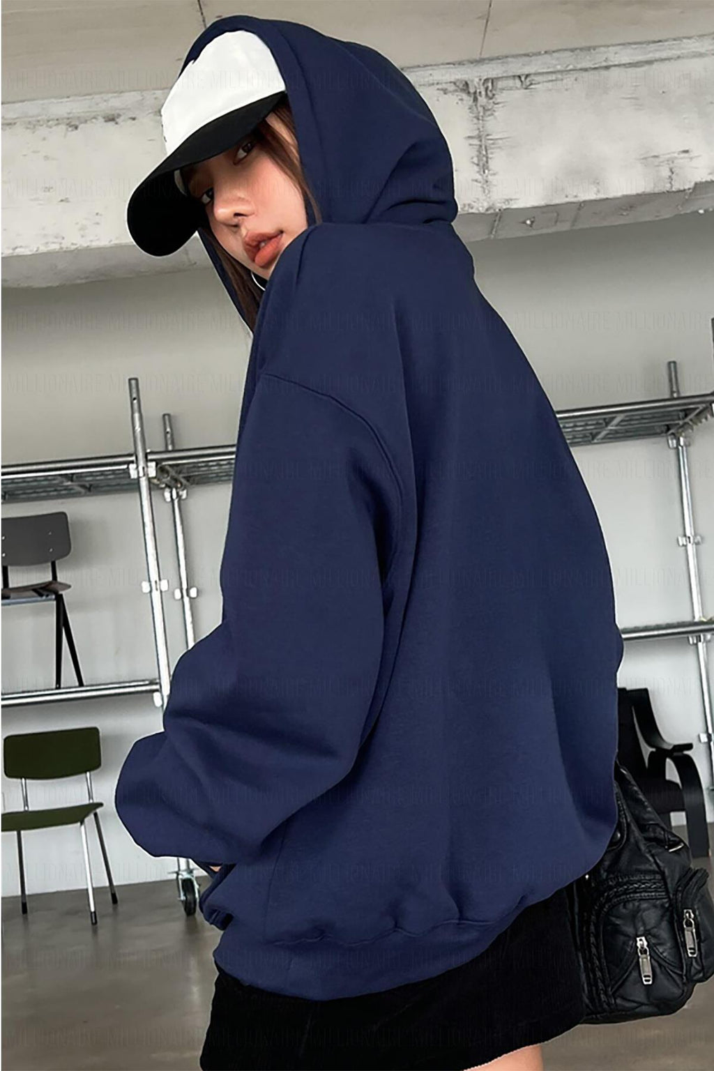 Kadın Lacivert Düz Kapüşonlu Oversize 3 iplik Şardonlu Salaş Bol Kesim Hoodie Sweatshirt