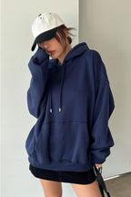 Kadın Lacivert Düz Kapüşonlu Oversize 3 iplik Şardonlu Salaş Bol Kesim Hoodie Sweatshirt