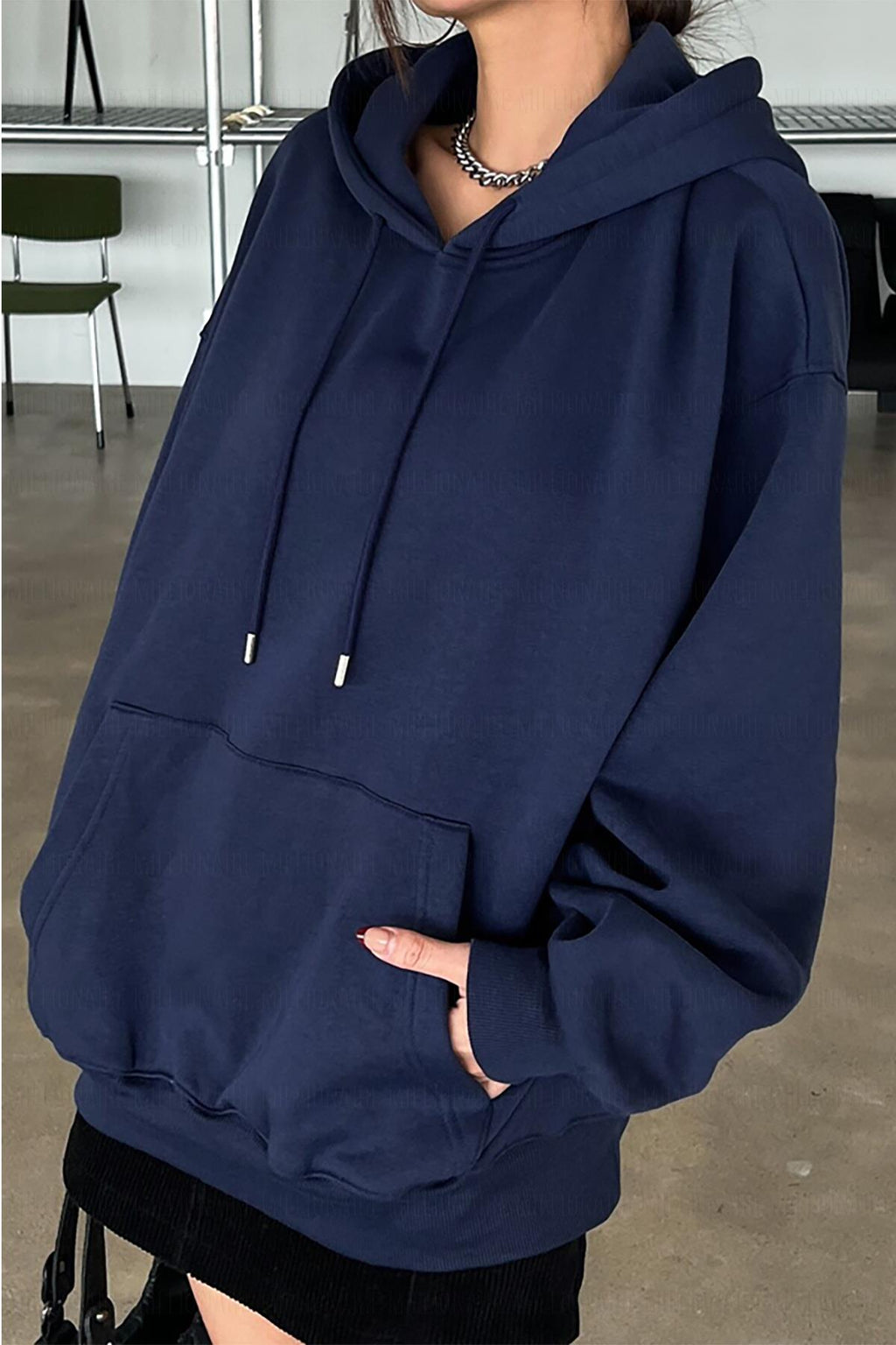 Kadın Lacivert Düz Kapüşonlu Oversize 3 iplik Şardonlu Salaş Bol Kesim Hoodie Sweatshirt