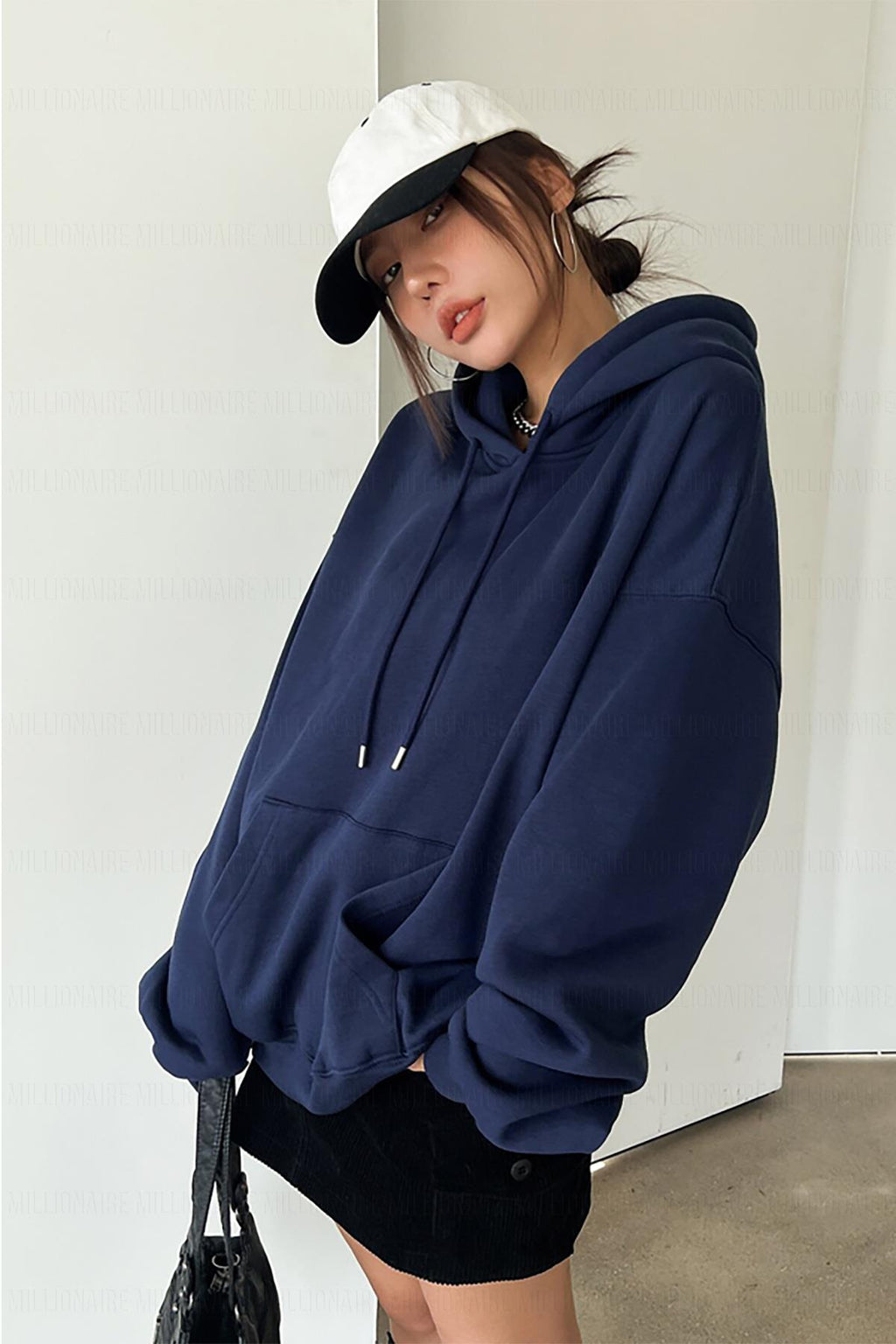 Kadın Lacivert Düz Kapüşonlu Oversize 3 iplik Şardonlu Salaş Bol Kesim Hoodie Sweatshirt