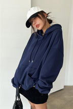 Kadın Lacivert Düz Kapüşonlu Oversize 3 iplik Şardonlu Salaş Bol Kesim Hoodie Sweatshirt
