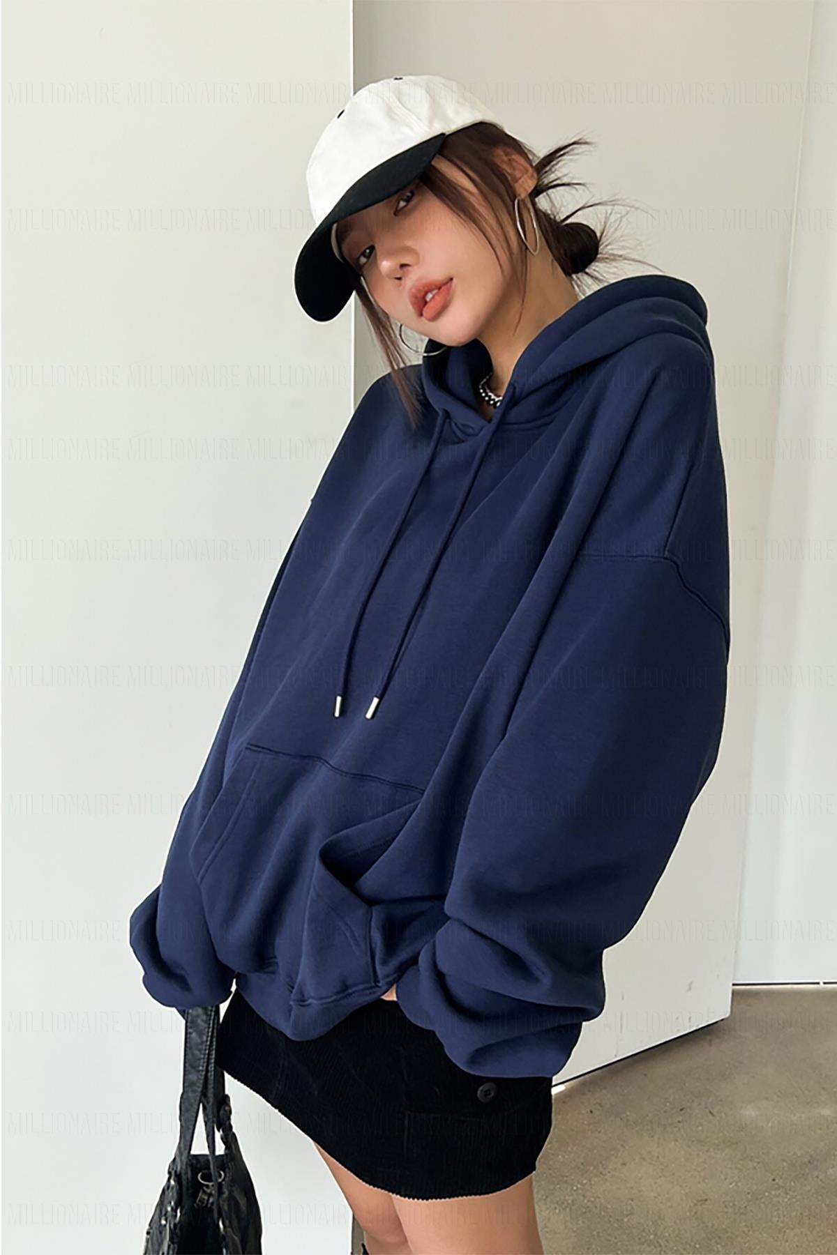 Kadın Lacivert Düz Kapüşonlu Oversize 3 iplik Şardonlu Salaş Bol Kesim Hoodie Sweatshirt