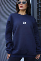 Kadın Lacivert Free Life Baskılı 0 Sıfır Yaka Oversize Salaş Bol Kesim Polar Sweatshirt