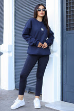 Kadın Lacivert Free Life Baskılı 0 Sıfır Yaka Oversize Salaş Bol Kesim Polar Sweatshirt